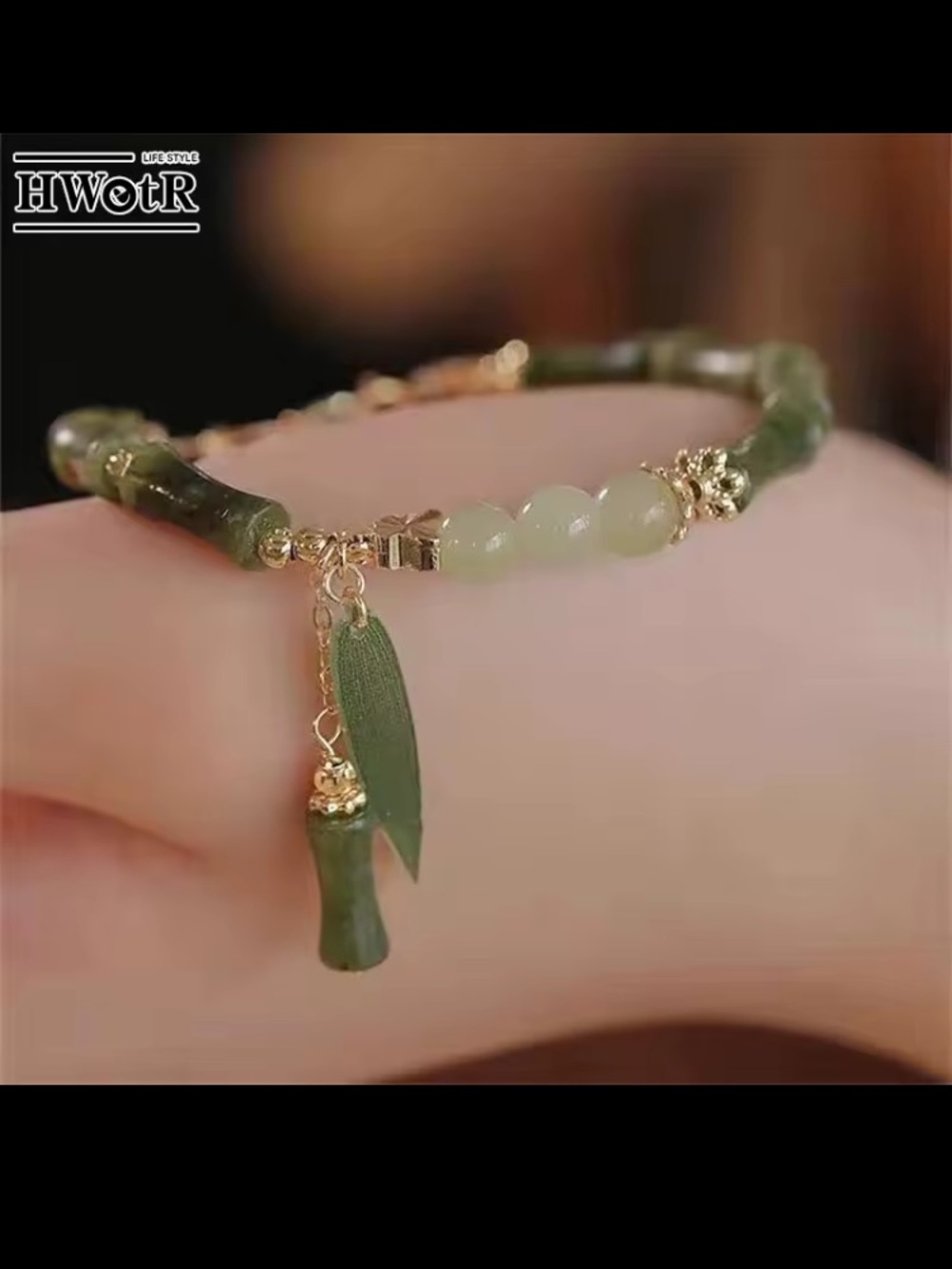 Green Jade Bead Bracelet with Gold Accents